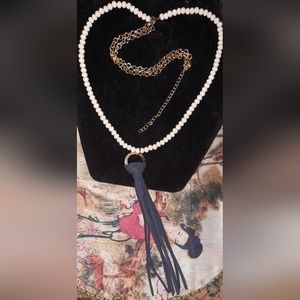 Long beaded tassel goldtone chain necklace adjustable length Rustic Boho